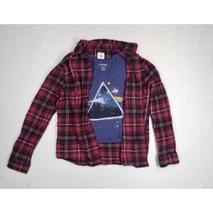 Womens Large red plaid Flannel with Pink Floyd cropped tank top Indie Sleaze